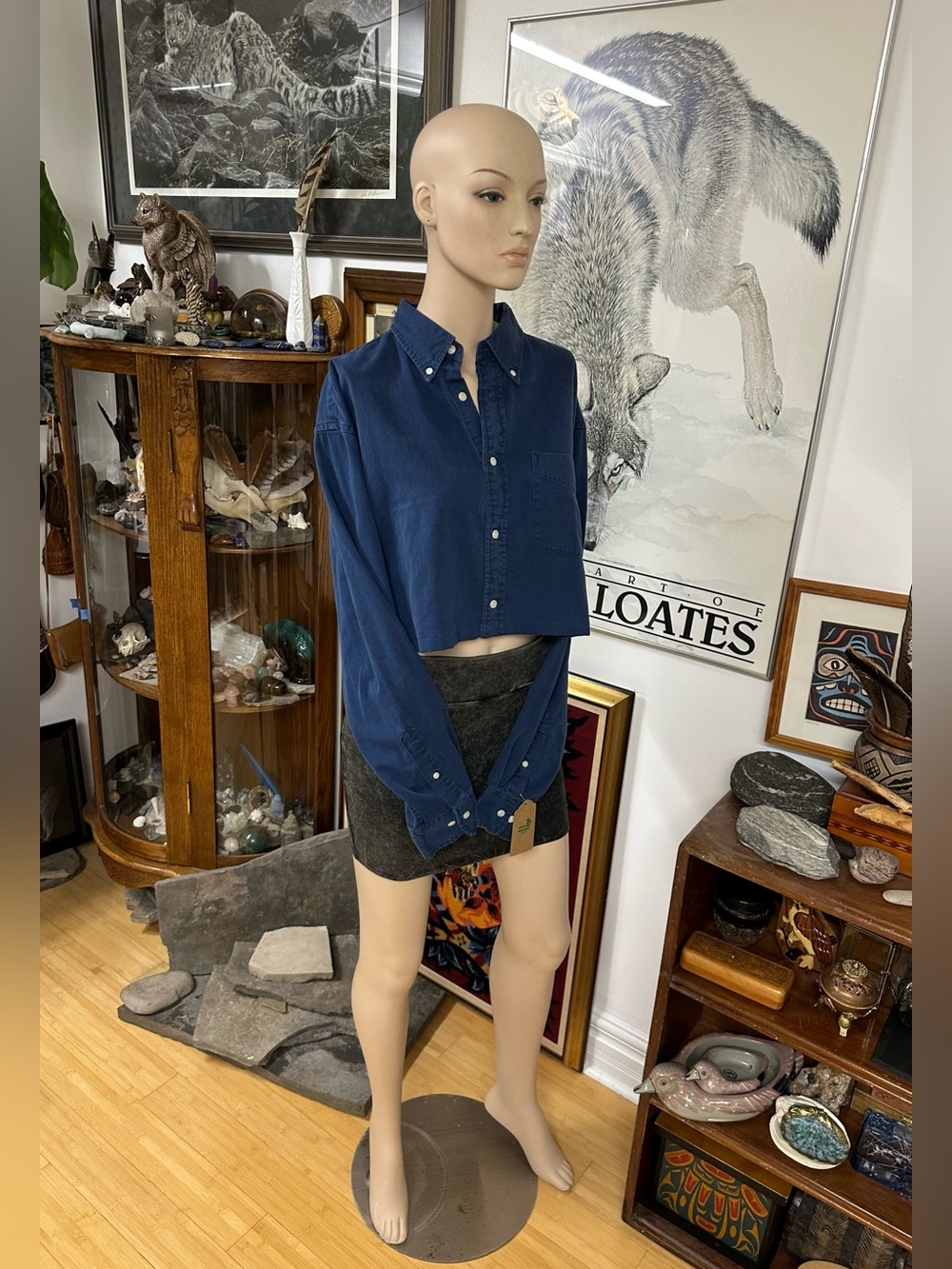 Cropped Navy Button-Down Shirt